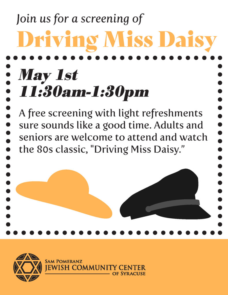 May 1st
11:30am-1:30pm

A free screening with light refreshment sure sounds like a good time. Adults and seniors are welcome to attend and watch the 80s classic, "Driving Miss Daisy"