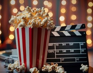 popcorn bucket with movie clapper and lights in background